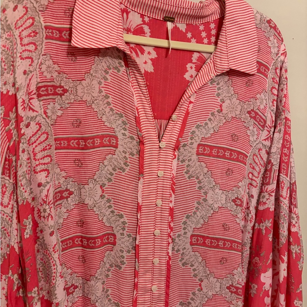 Free People Flowy Pink Long Sleeve Patterned Shirt xl X-large - Picture 2 of 11